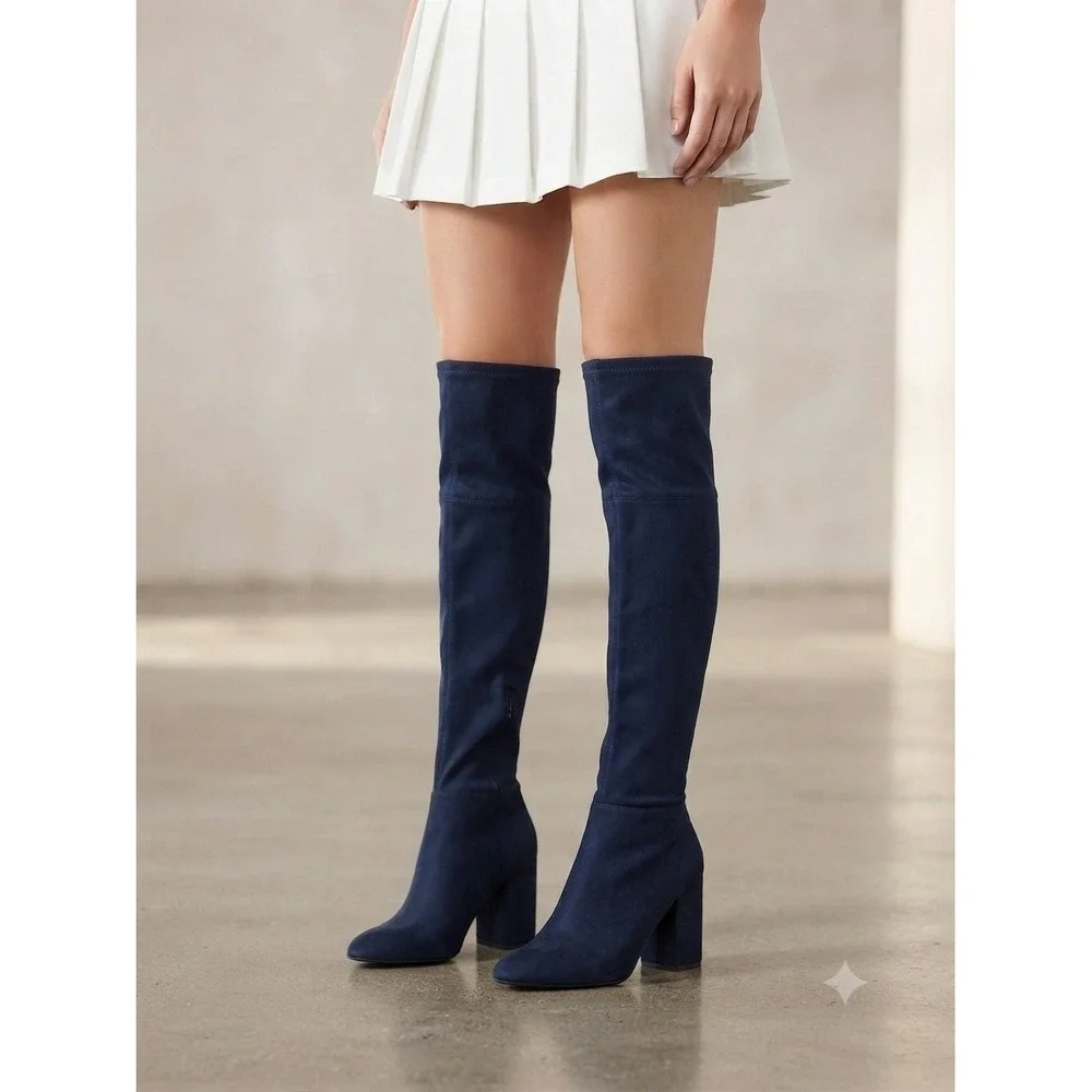 Aldo Boots Women Size 9 Navy Blue Belinna-2 Faux Suede Block Heel Over-The-Knee